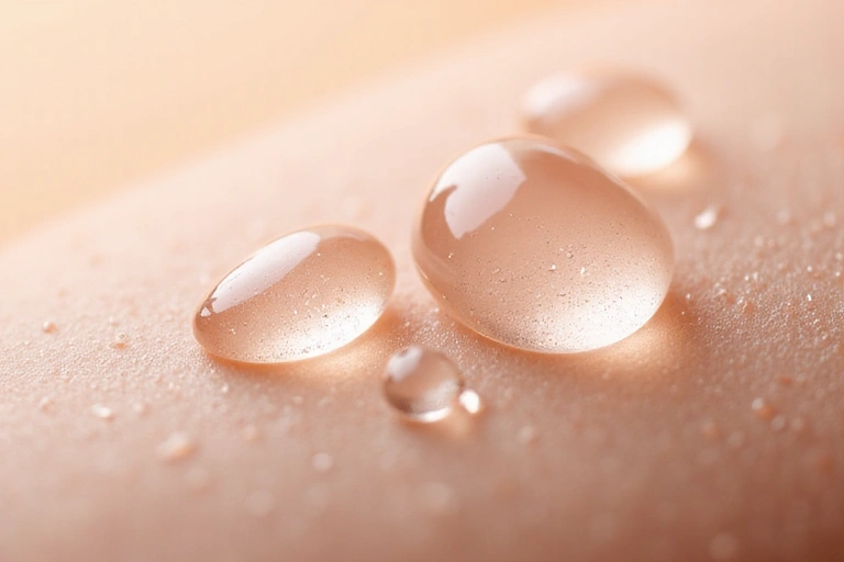 Hyaluronic acid droplets on smooth skin texture with morning light