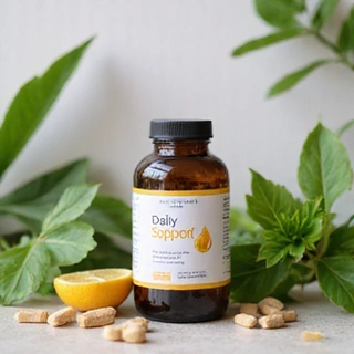 Daily Support Vitamins in organic wellness setting with natural elements