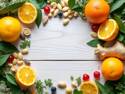 Natural vitamin ingredients including fruits, vegetables, and botanical elements